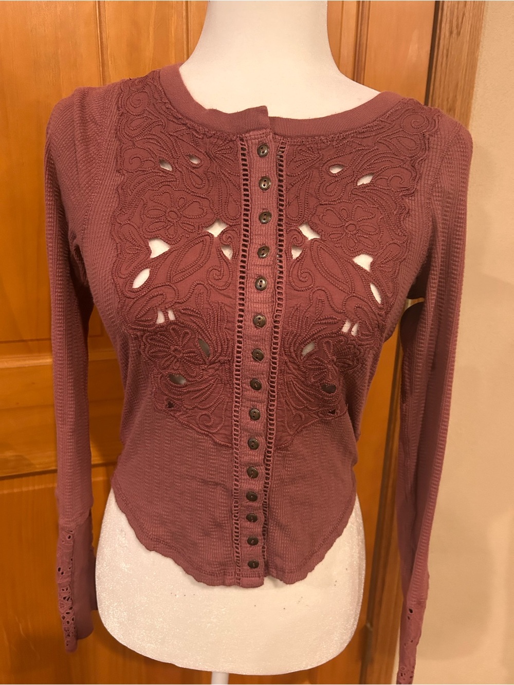 Free People Dusty Mauve Lace Cutout Button-Front Long Sleeve Top